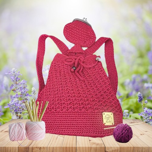 Handcrafted Red Crochet Backpack with Matching Purse for