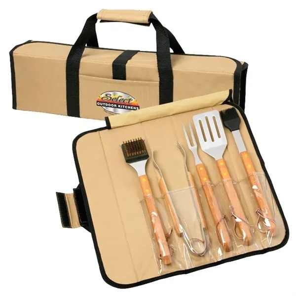 5 Piece BBQ Set (Bamboo) in Roll-Up Case for