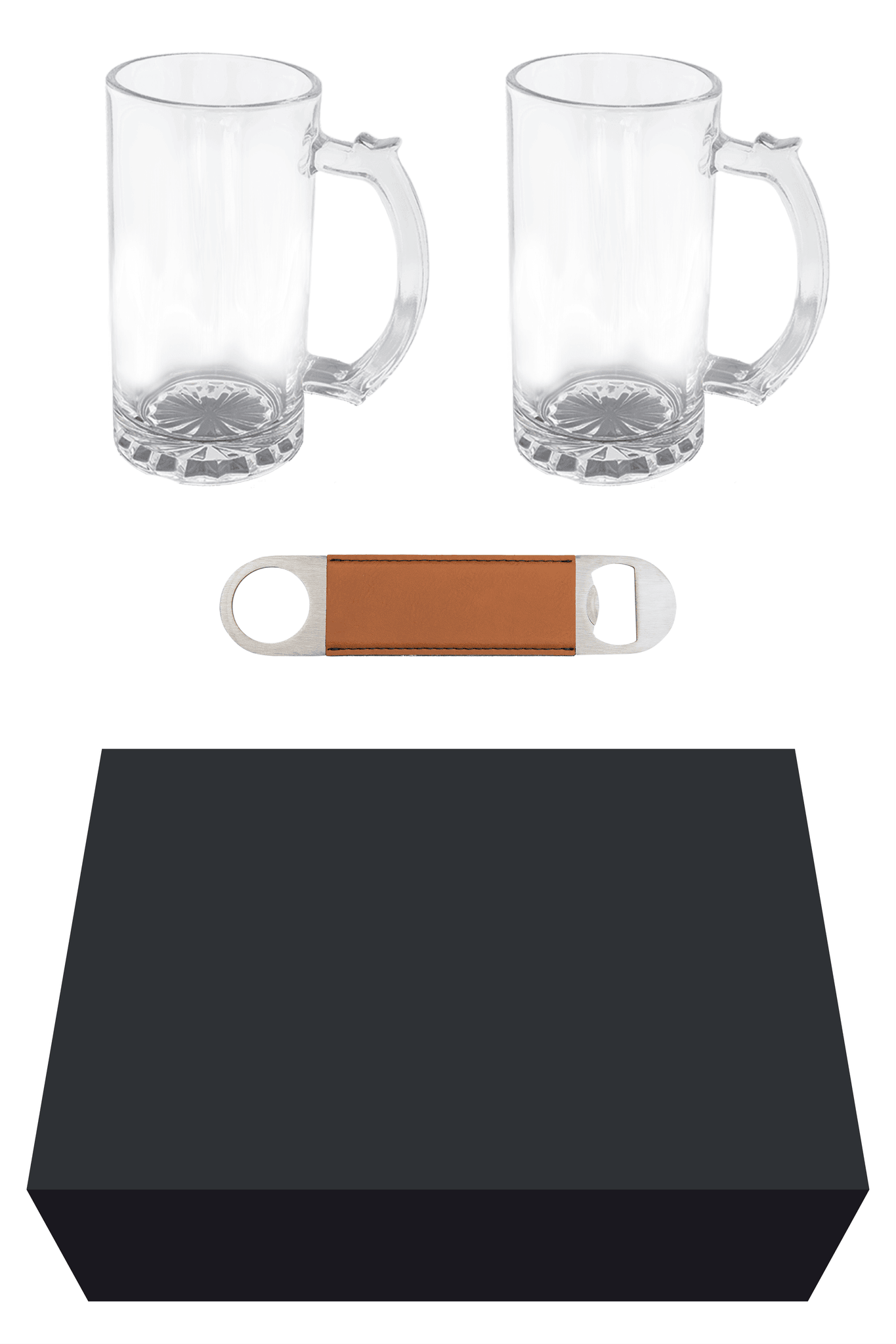 Beer Set w/ 2 - 14 oz. Mugs and Rawhide Leatherette Bottle Opener for