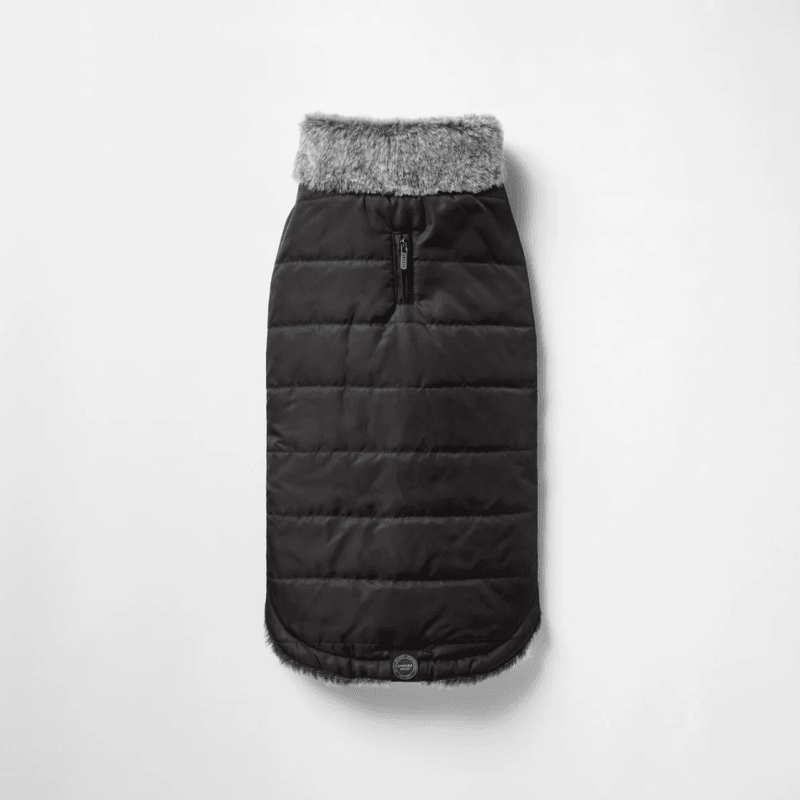 SNOOZA Puffer Dog Coat with Fur Collar in Black for
