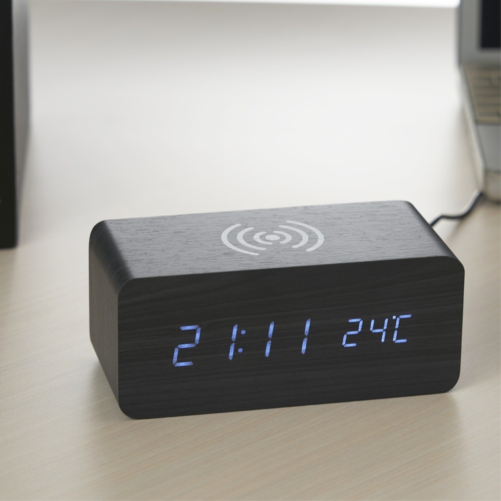 Wooden Digital Clock with Wireless Charger for