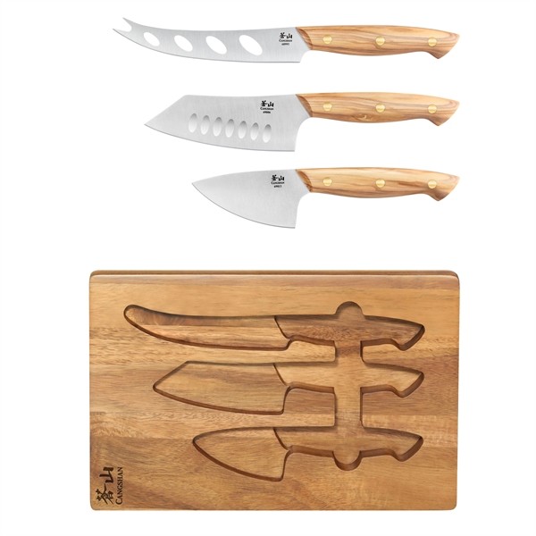 Cangshan 3-Piece Olive Wood Cheese Knife Set w/Cheese Board for