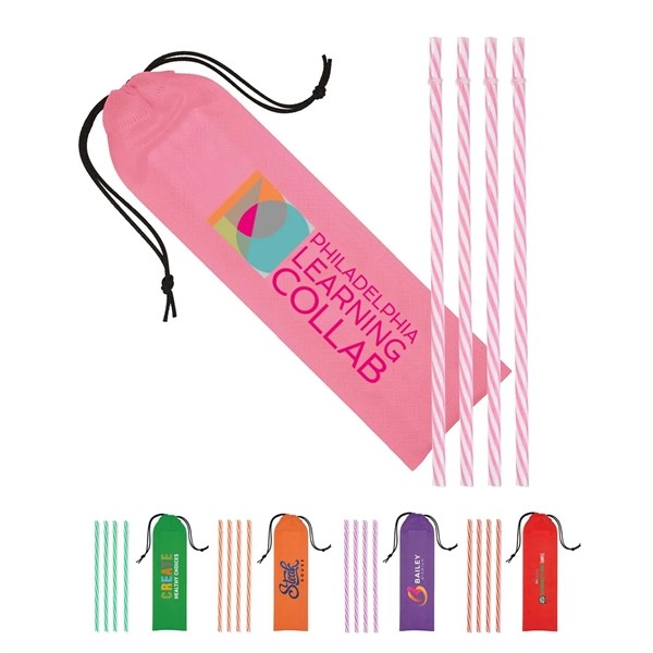 Reusable Straws in Full Color Drawstring Pouch for