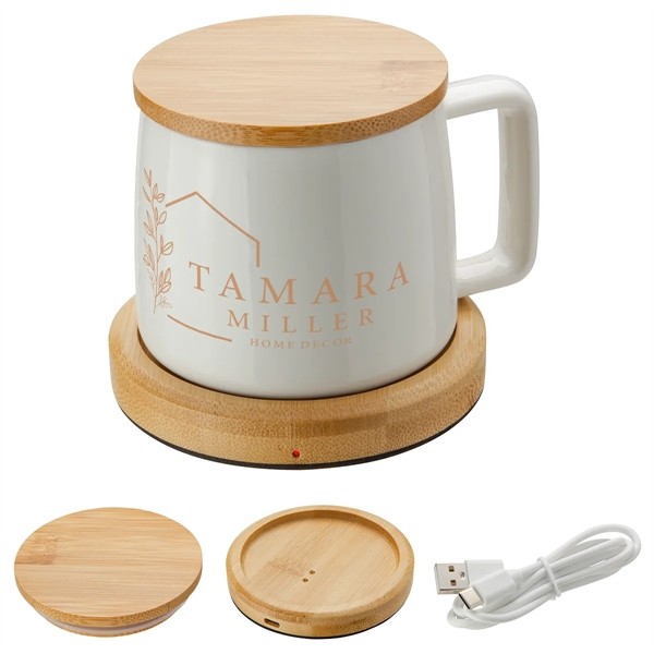 Bamboo Mug Warmer with 8 oz Ceramic Mug for