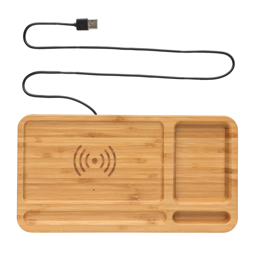 Bamboo Desk Organizer with 10W Wireless Charger for