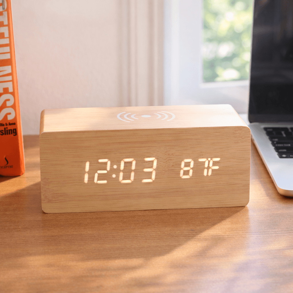 Wooden Digital Alarm Clock with Wireless Charging for