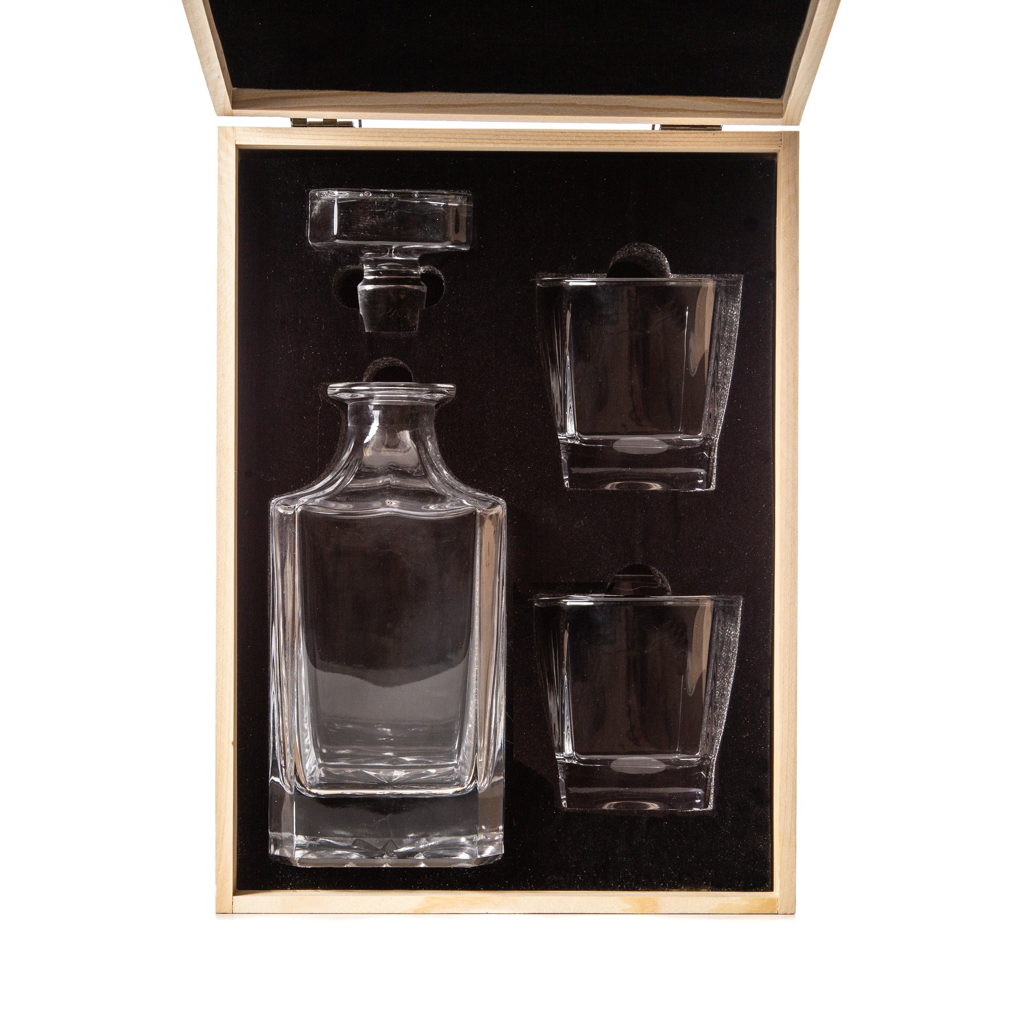 Whiskey Decanter - Front Only - 2 Glasses - Wood Box for