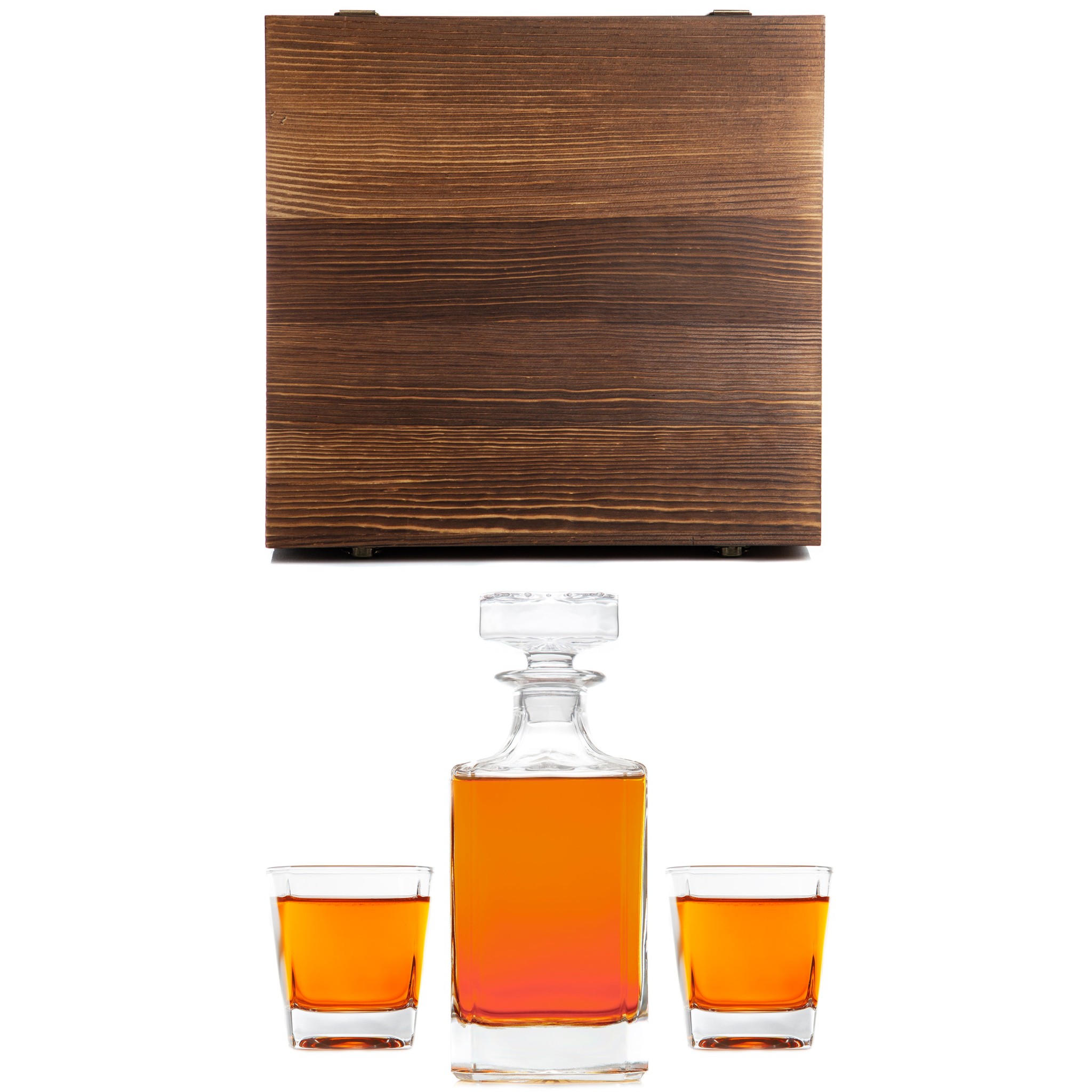 Whiskey Decanter - Front Only - 4 Glasses - Custom Wood Box for
