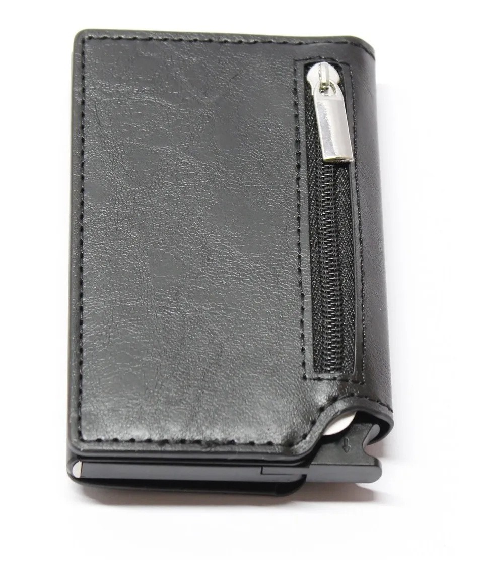 Black Leather Automatic Cardholder Wallet With Flap for