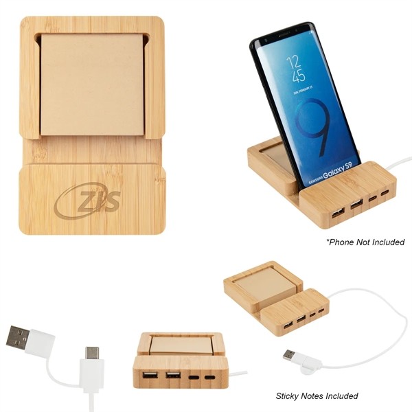 Bamboo Multi-Port Hub With Phone Holder & Sticky Notes for