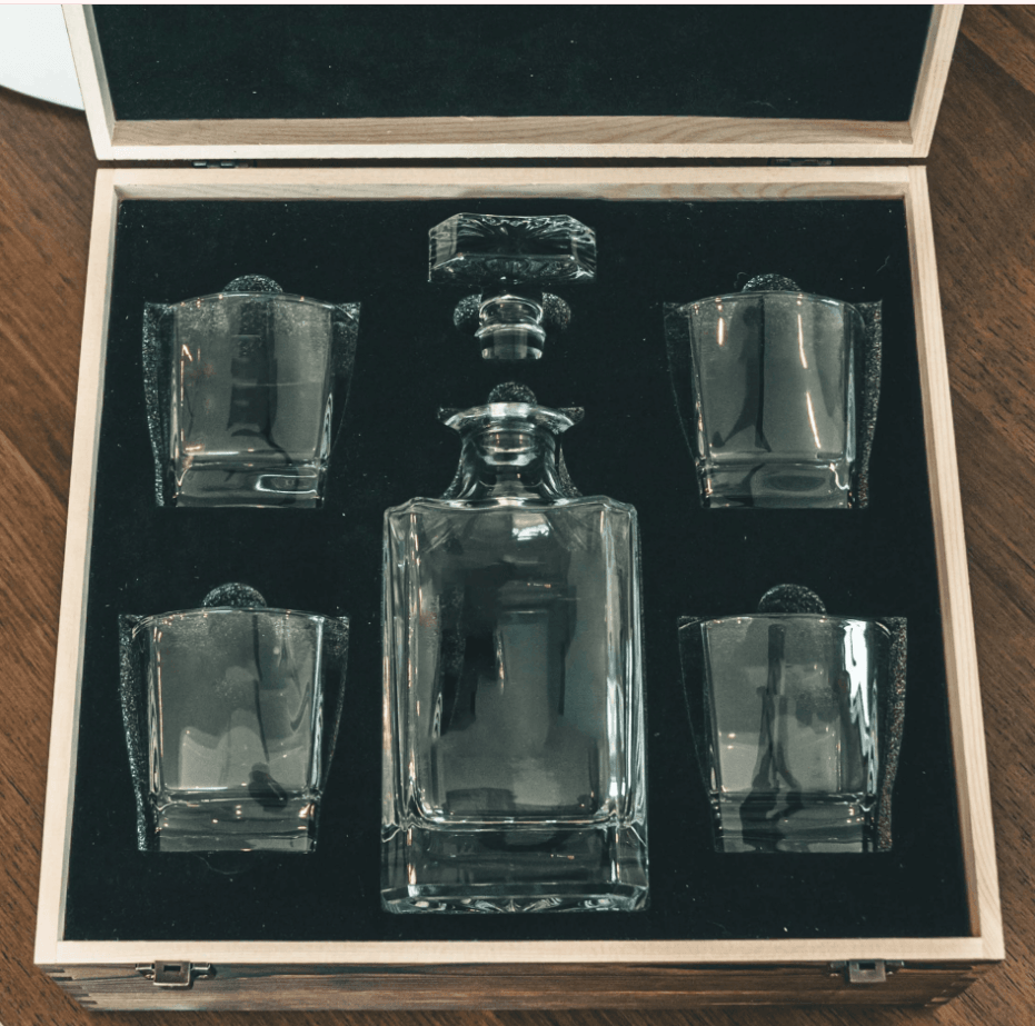 Whiskey Decanter | 4 Glasses + Wood Box for