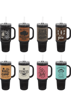 40 oz. Black Leatherette Travel Mug with Handle & Straw