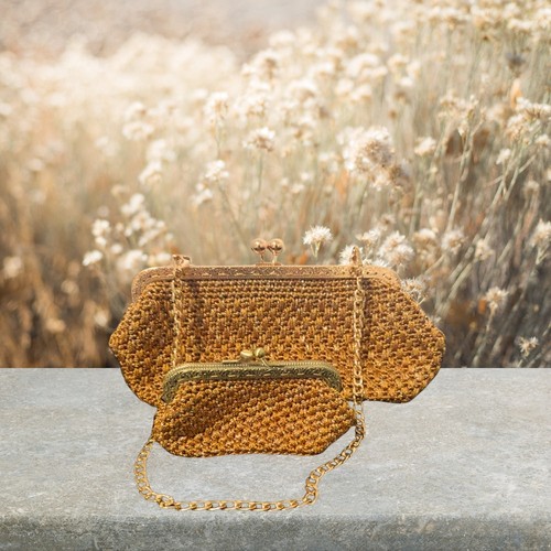 Golden Shimmer Crochet Clutch Bag with Matching Purse for