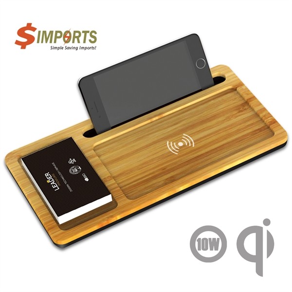 Wizchark Bamboo 10W Qi Wireless Charger Desktop Organizer for