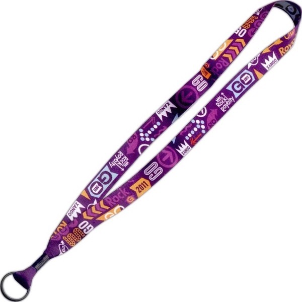 3/4" Dye-Sublimated Lanyard w/ Metal Crimp & Split-Ring Attachment: D-Rin:  Black Meal Bulldog Clip w/ Swivel for