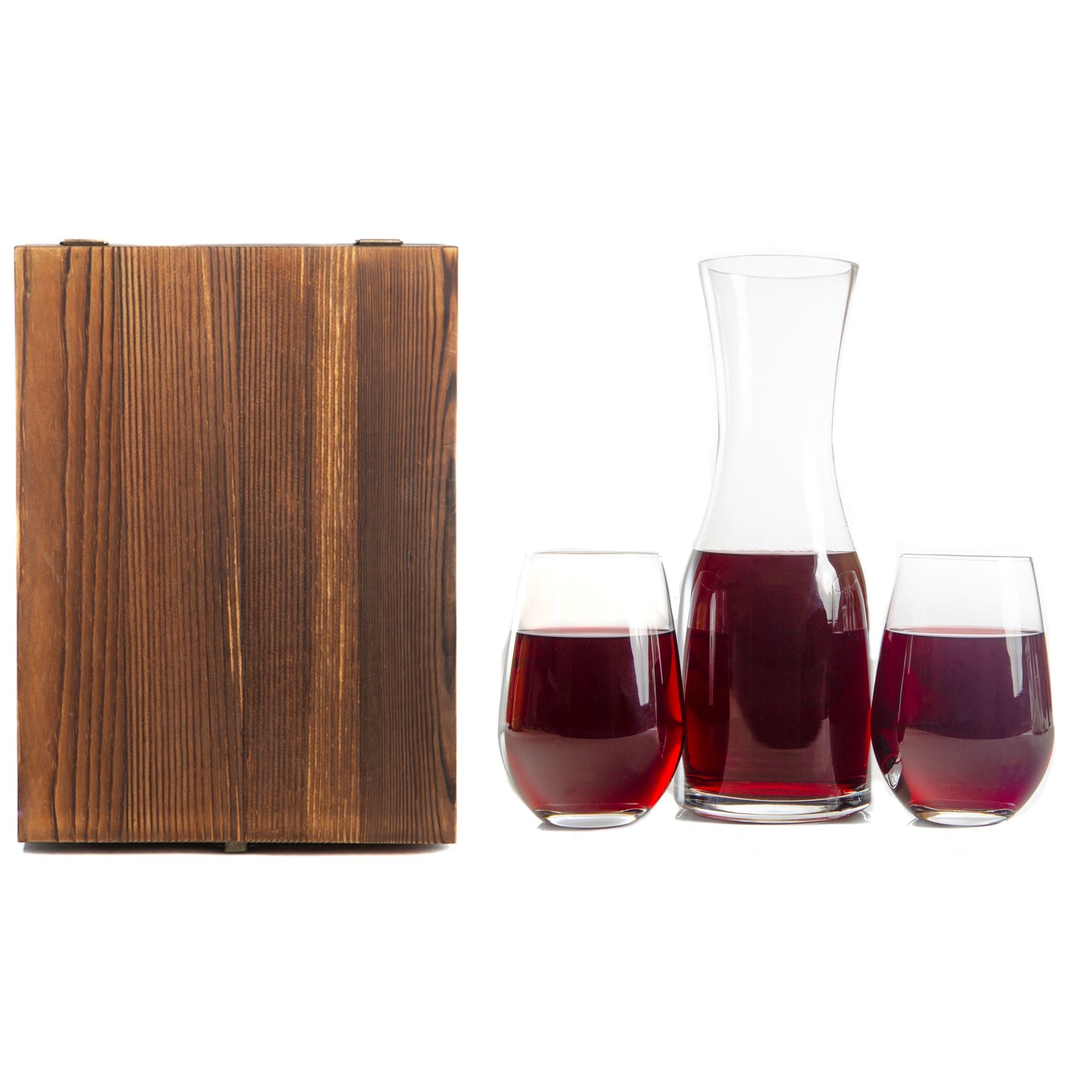 Wine Decanter Set - Front Only - 2 Glasses - Branded Wood Box for